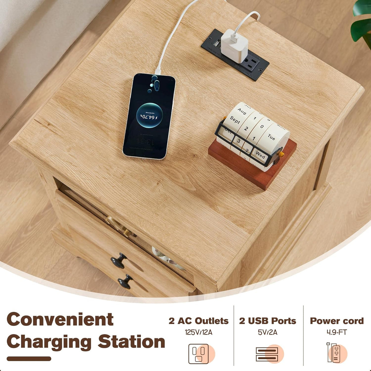 T4TREAM Nightstand with Charging Station, 18 Inch Vintage End Table with 2 Drawers, Wood Rustic
