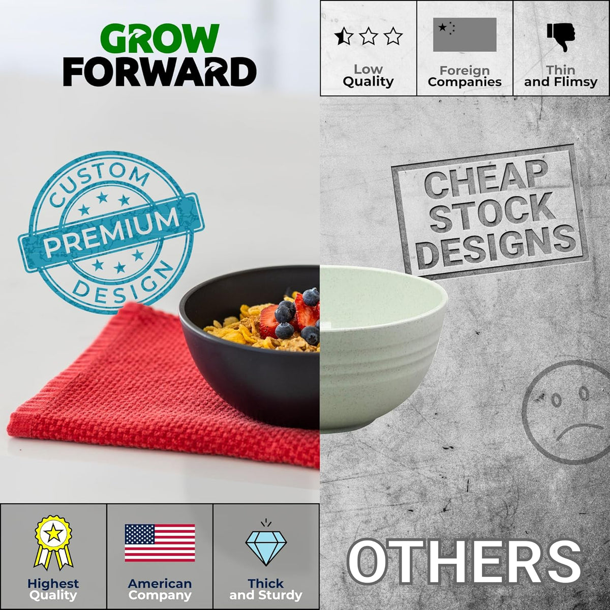 Grow Forward Premium Wheat Straw Bowls - 27oz Microwave Safe Plastic Cereal Bowls Set of 8 for
