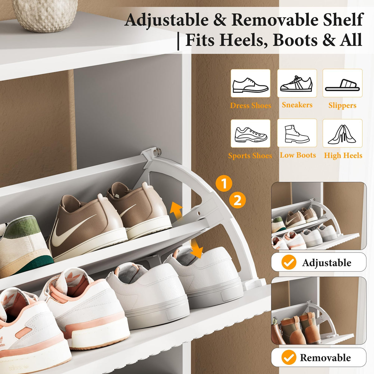 Nicetree Shoe Storage Cabinet for Entryway - 2 Flip Drawers Shoe Cabinet with Tiered Fluted Design