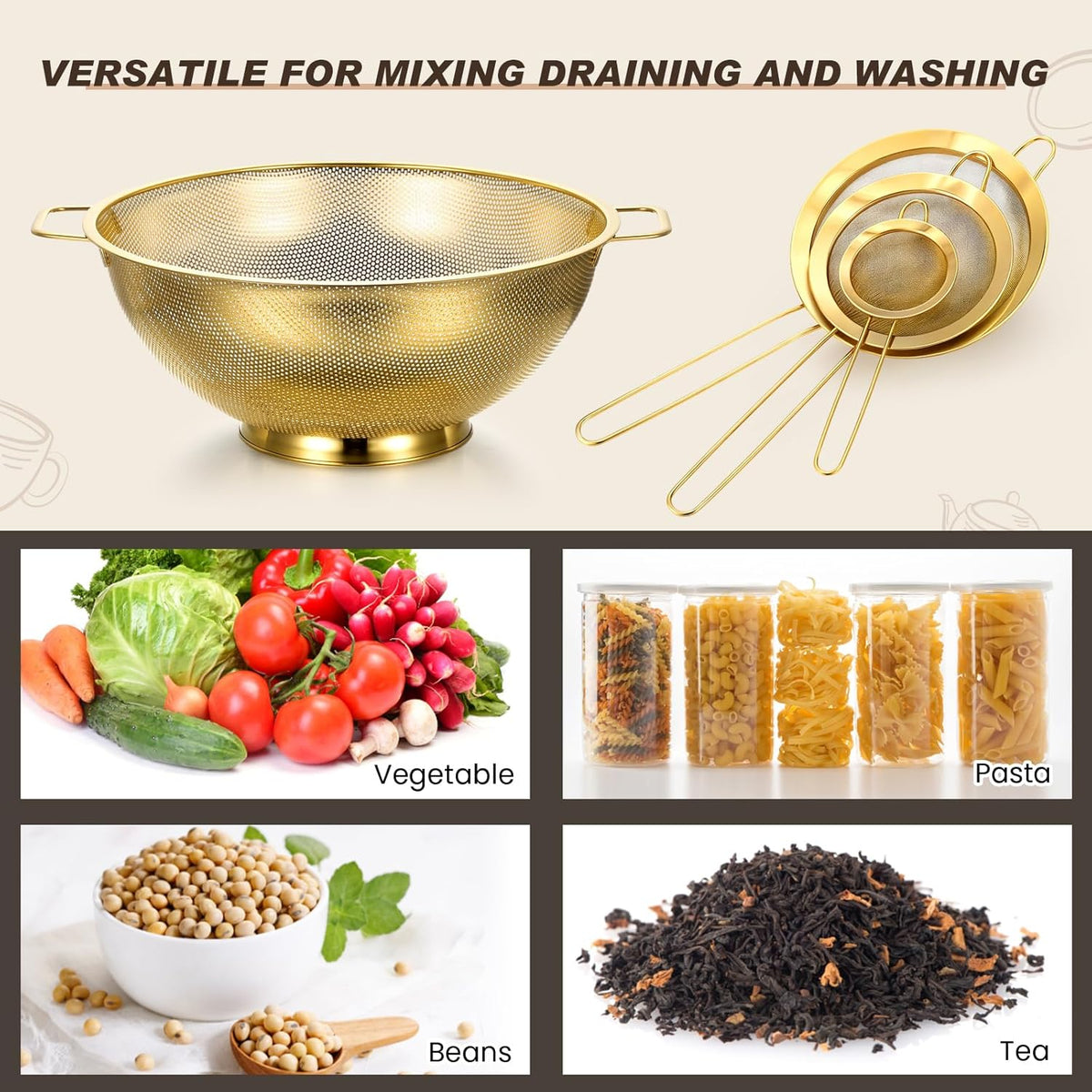 Norme 7 Quart Stainless Steel Gold Colander and 3 Pcs Gold Fine Mesh Strainer, Stainless Steel