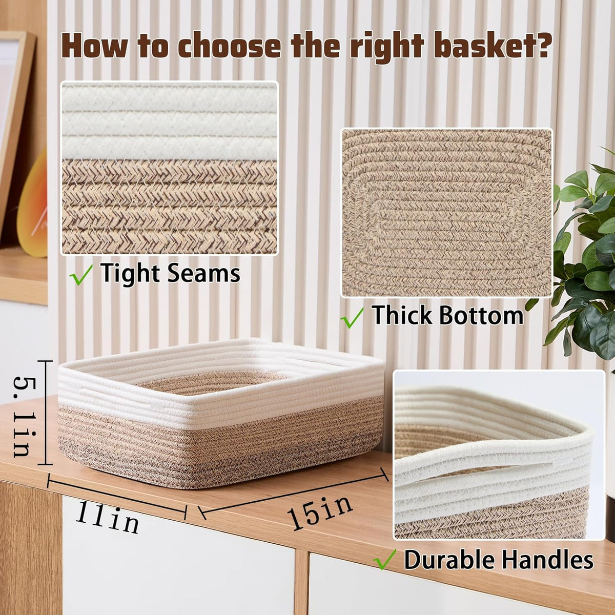 Large Shallow Organizing Baskets 15x11x5.1 Inches - Rope Woven Storage Bins for Bathroom, Shelves