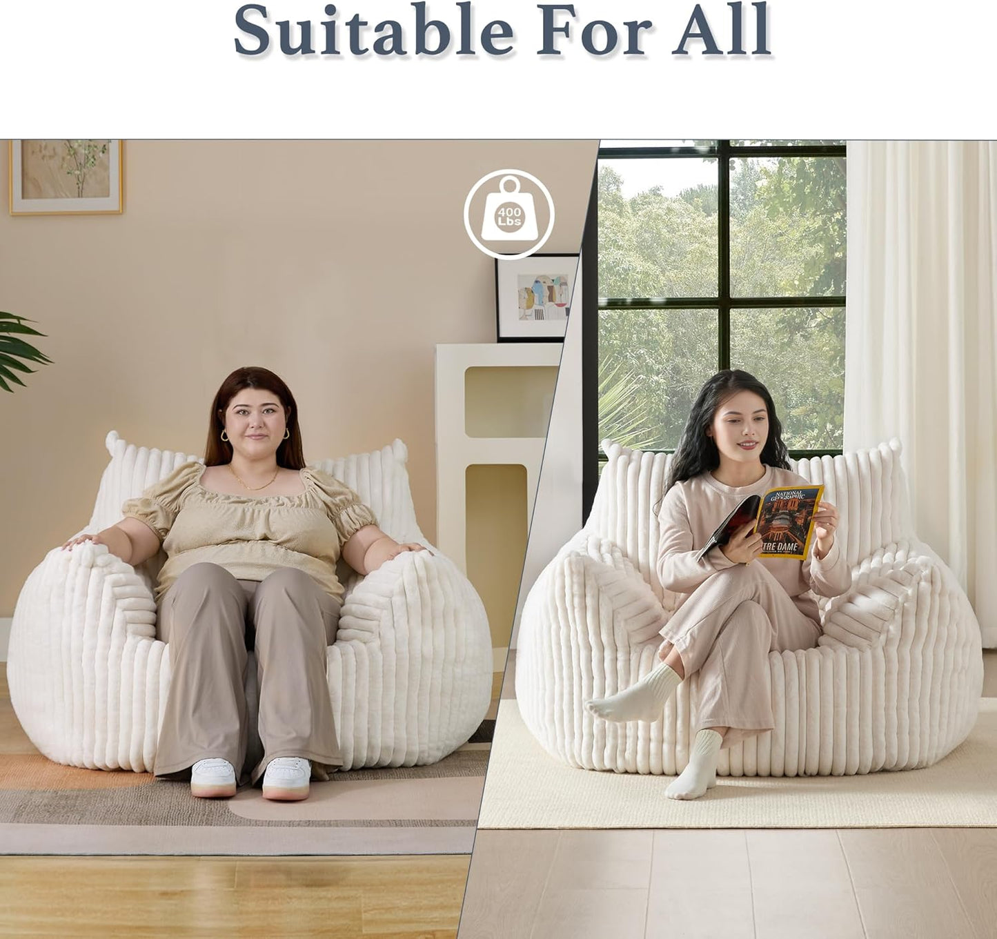 Giant Plush Bean Bag Chair for Adults with Armrests - Oversized Comfy Beige Beanbag Lounge Lazy
