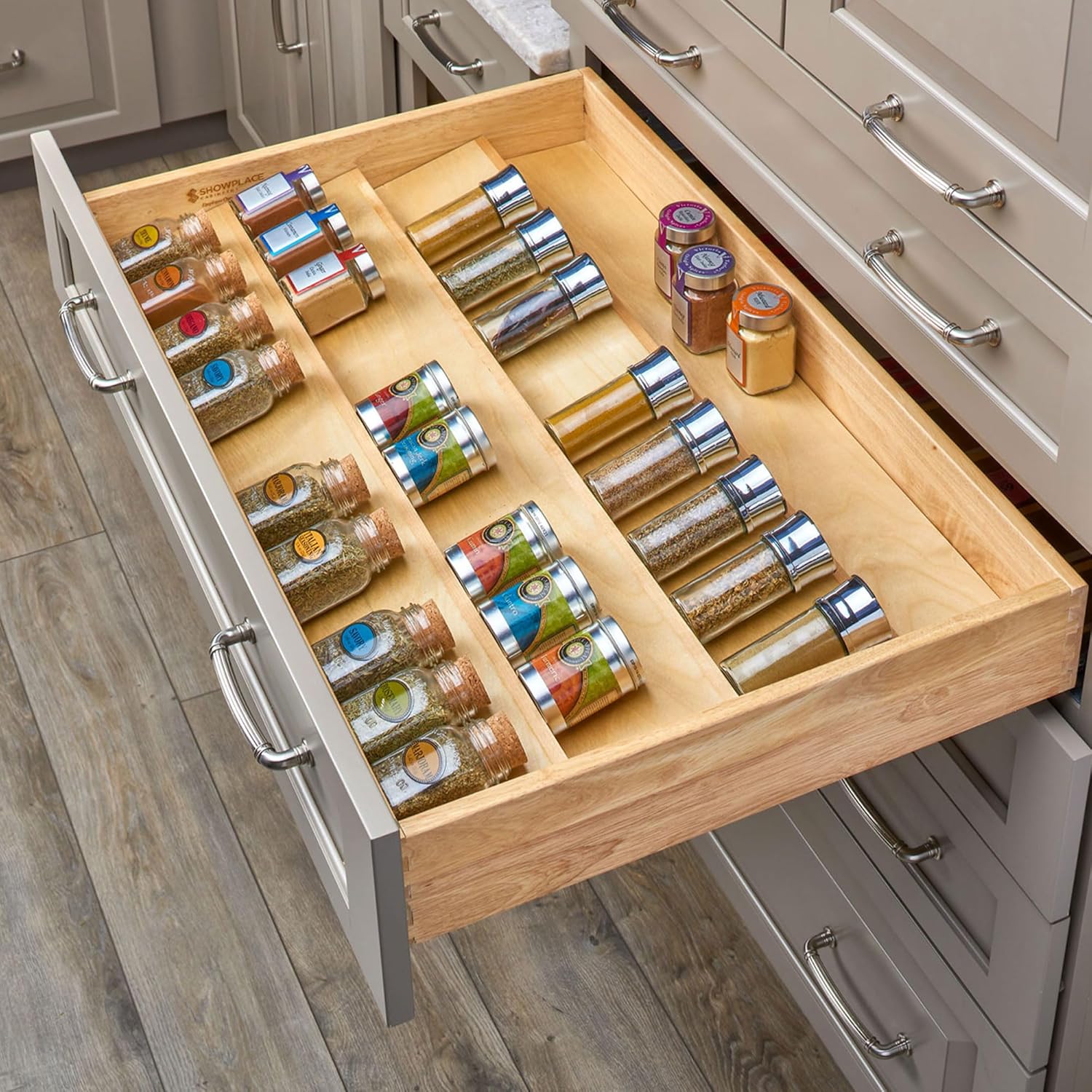 Rev-A-Shelf 3 Tiered Seasoning Organizer for Wooden Kitchen Drawers, Pull Out Spice Rack, 19.75 x