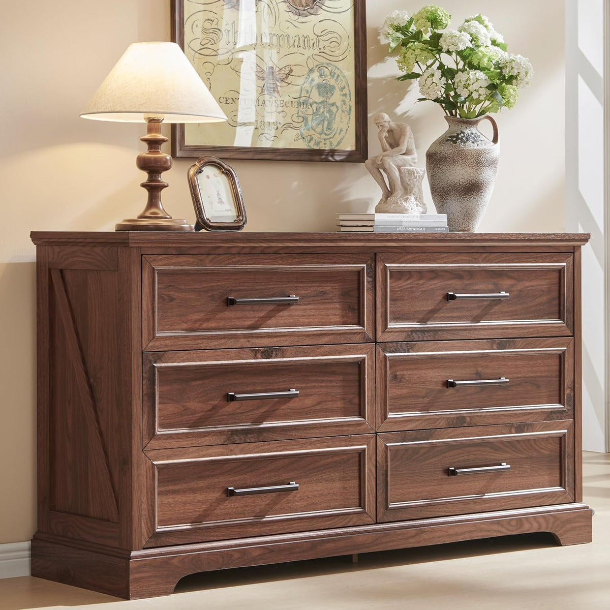 Farmhouse 6 Drawer Dresser for Bedroom, 52 Inch Wide Modern Dresser TV Stand with Large Drawers &