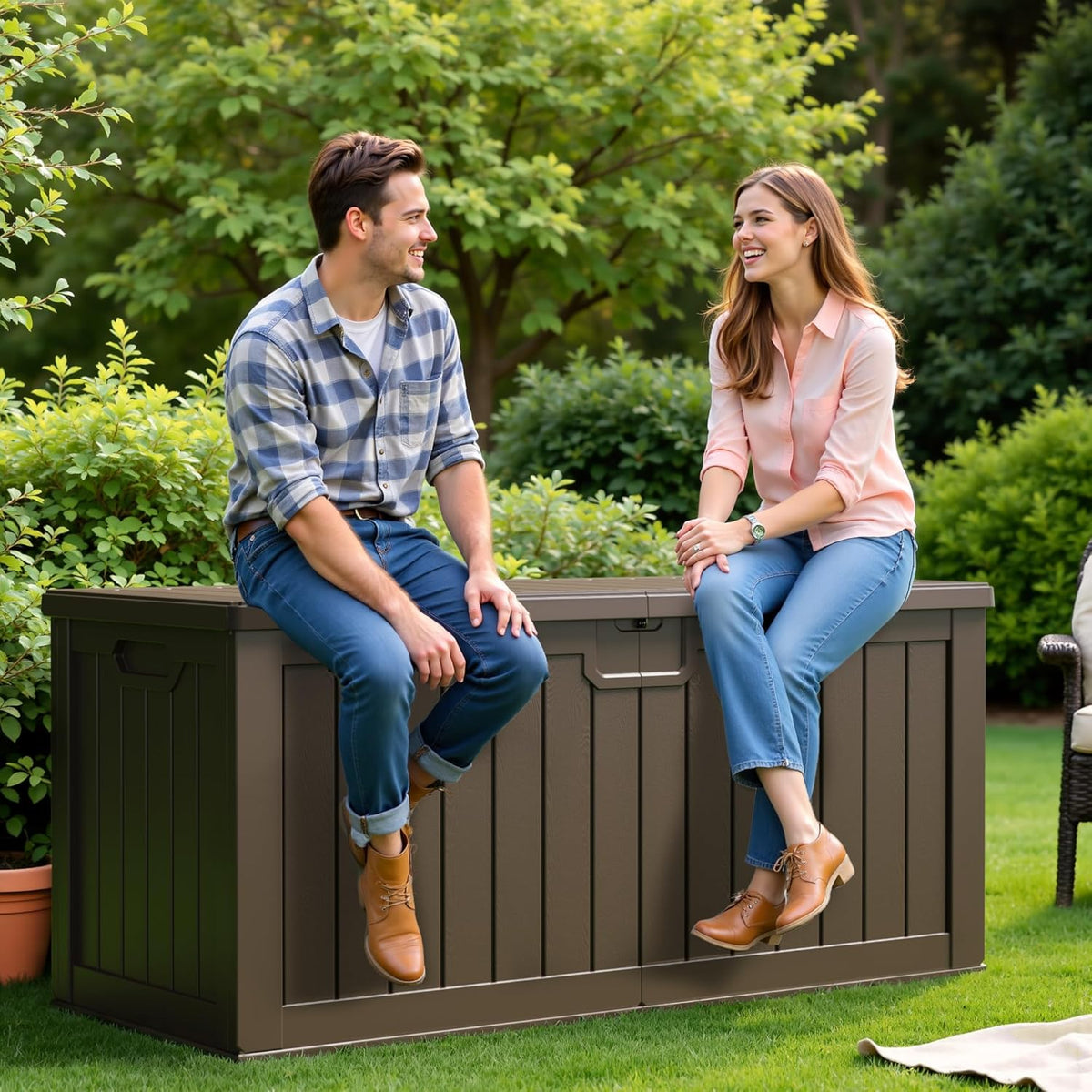 Flamaker Resin Deck Box 250 Gallon, Waterproof Imitation-Wood Lockable Storage Box with Separator