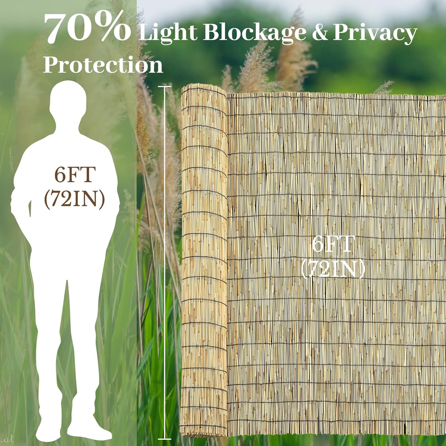 Natural 6FT X 16.4FT Reed Fencing Roll, Balcony Privacy Shade Reed Bamboo Fencing Garden Fence