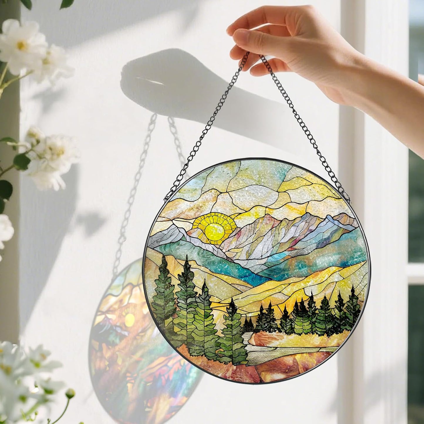 Stained Glass Window Hanging - 8 Inch Mountain Range Suncatcher for Window Doors Home Decoration
