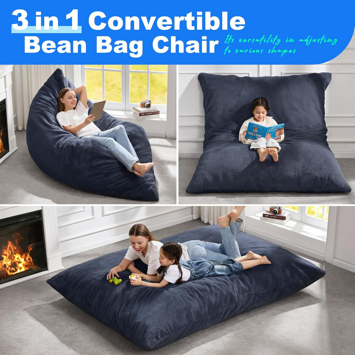 Hobestluk 3 in 1 Bean Bag Chair Giant Bean Bag Chairs for Adults with Plush Faux Fur Cover