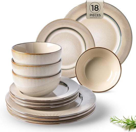 GBHOME Ceramic Dinnerware Sets, 18 Piece Embossed Elegant Stoneware Plates and Bowls Sets