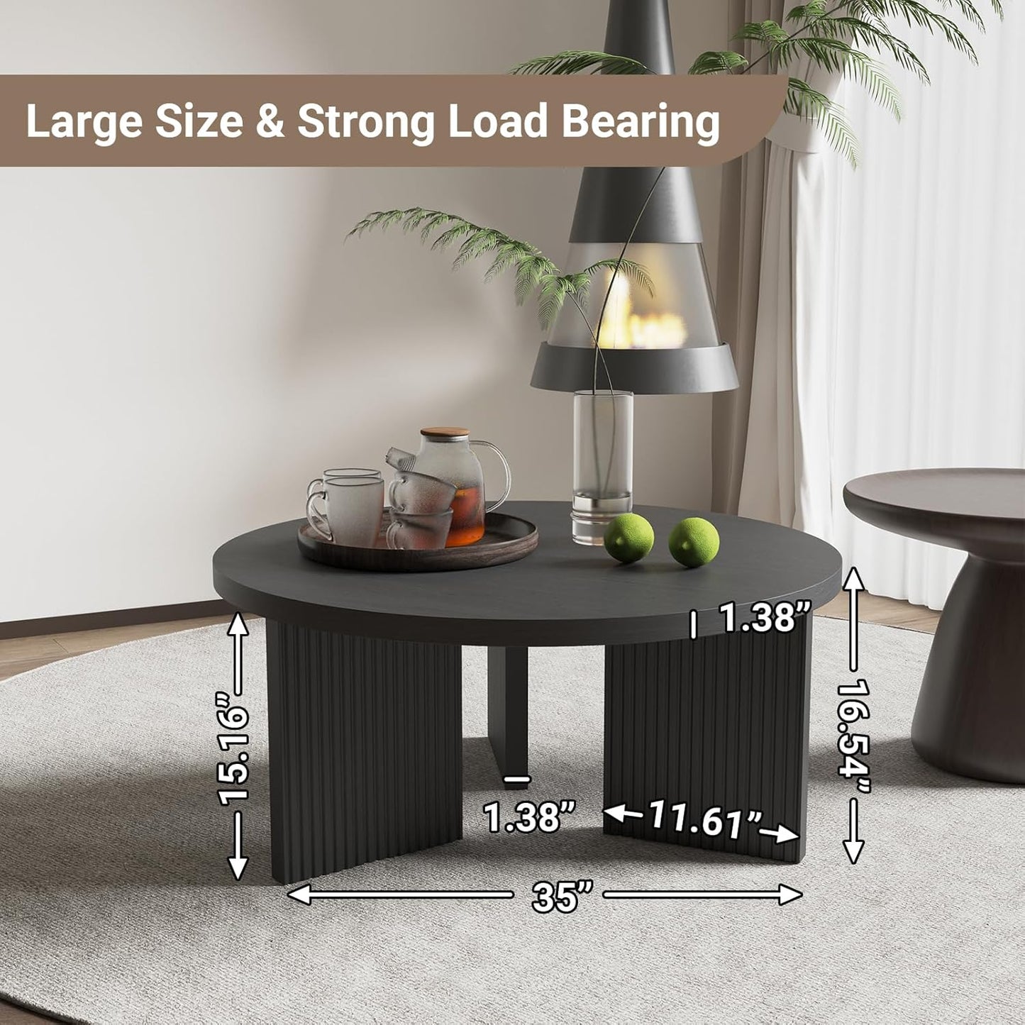 Wooden Round Coffee Table, 35" Coffee Table with Smooth Thick Mesa, Low Circle Center Table with X