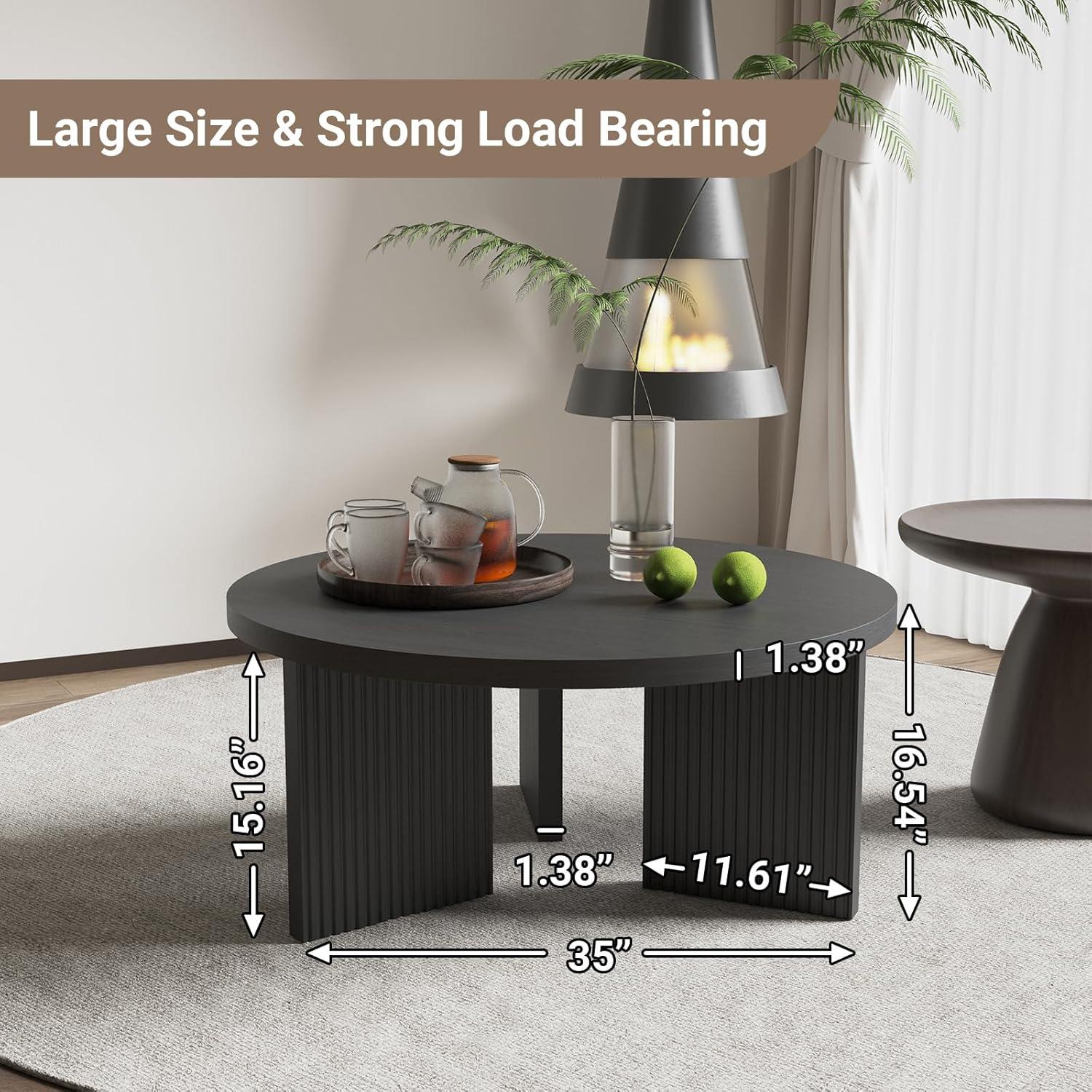 Wooden Round Coffee Table, 35" Coffee Table with Smooth Thick Mesa, Low Circle Center Table with X