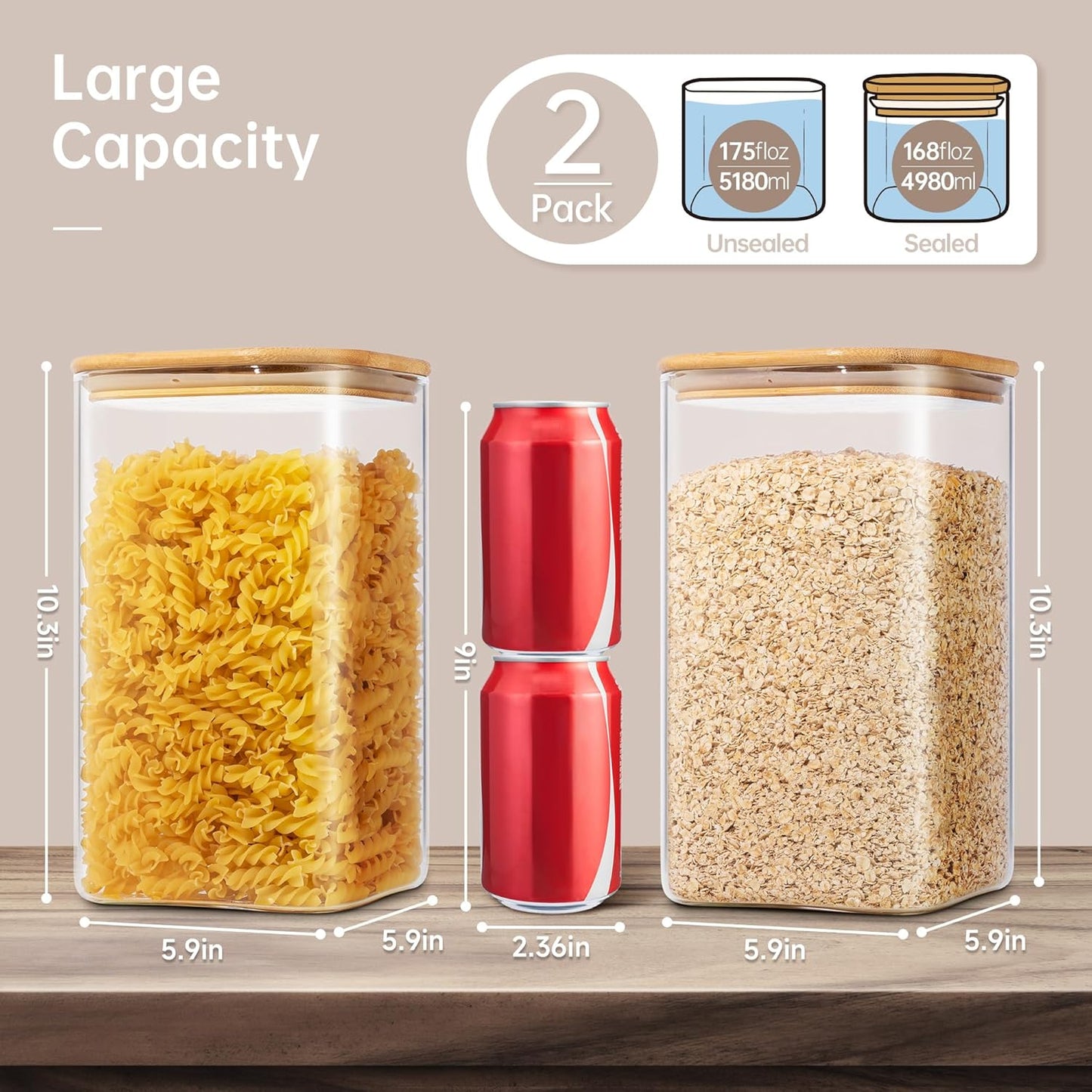 Extra Large Square Glass Flour & Sugar Storage Containers with Airtight Lids, 168oz 2 Pack Glass