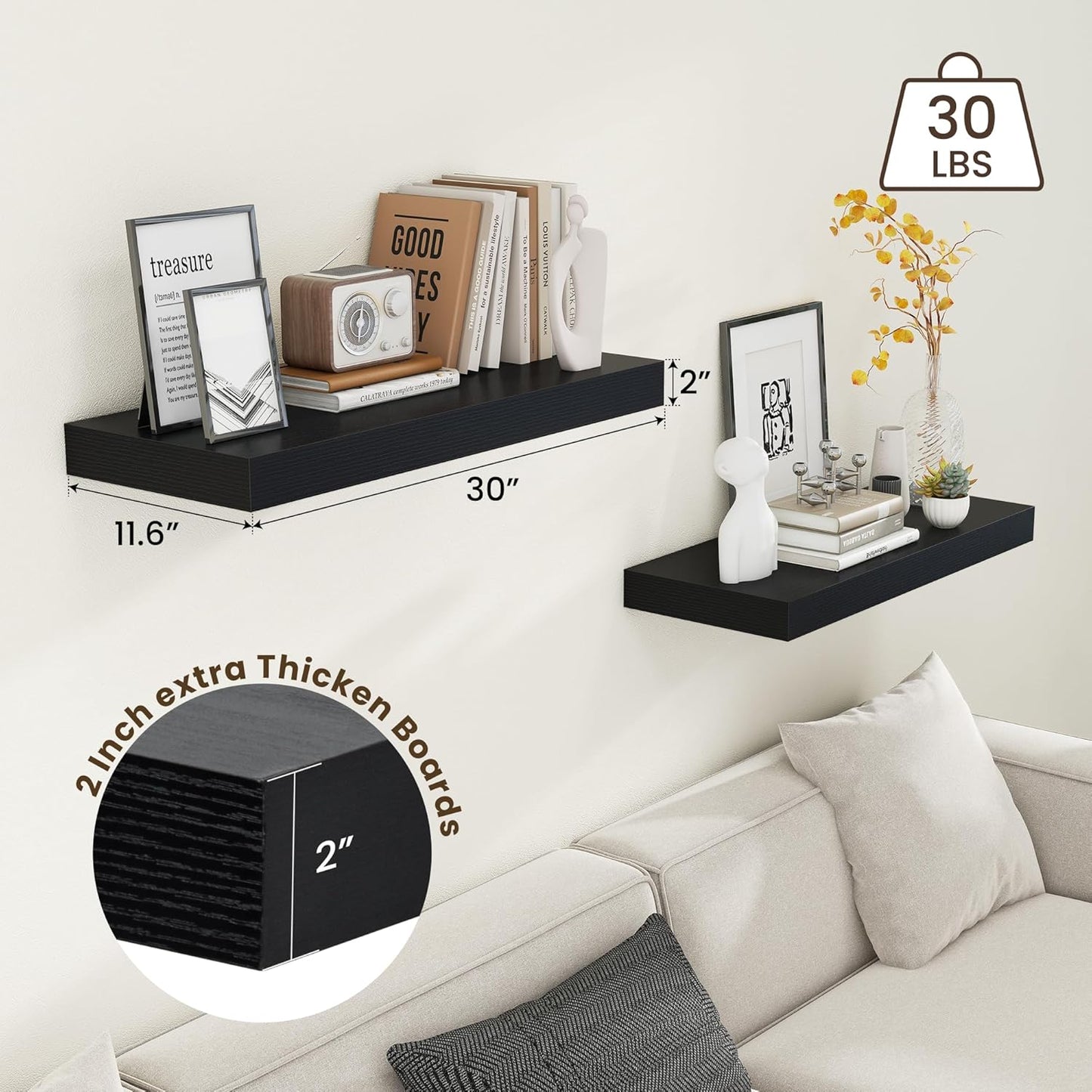 Deep Floating Shelves for Wall | 30W x 12D Black Floating Shelves Set of 2 | 12 Inch Deep Wall