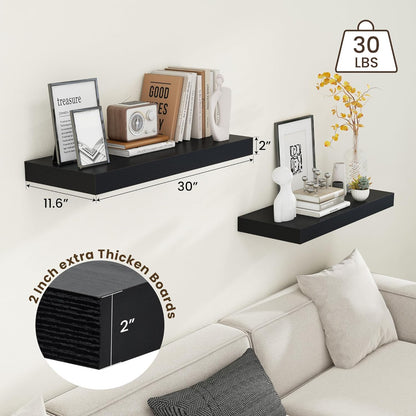 Deep Floating Shelves for Wall | 30W x 12D Black Floating Shelves Set of 2 | 12 Inch Deep Wall