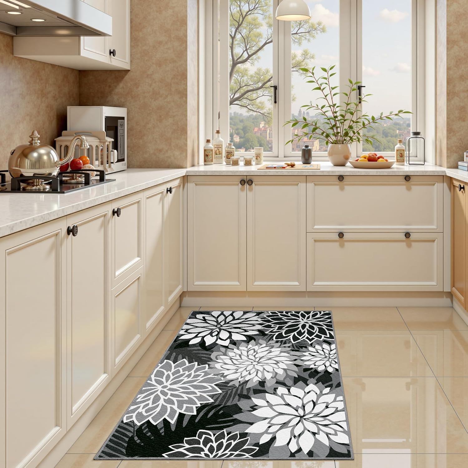 Area Rug 2x3 Black White Washable Entry Small Rug Multicolored Tropical Botanical Modern Floral
