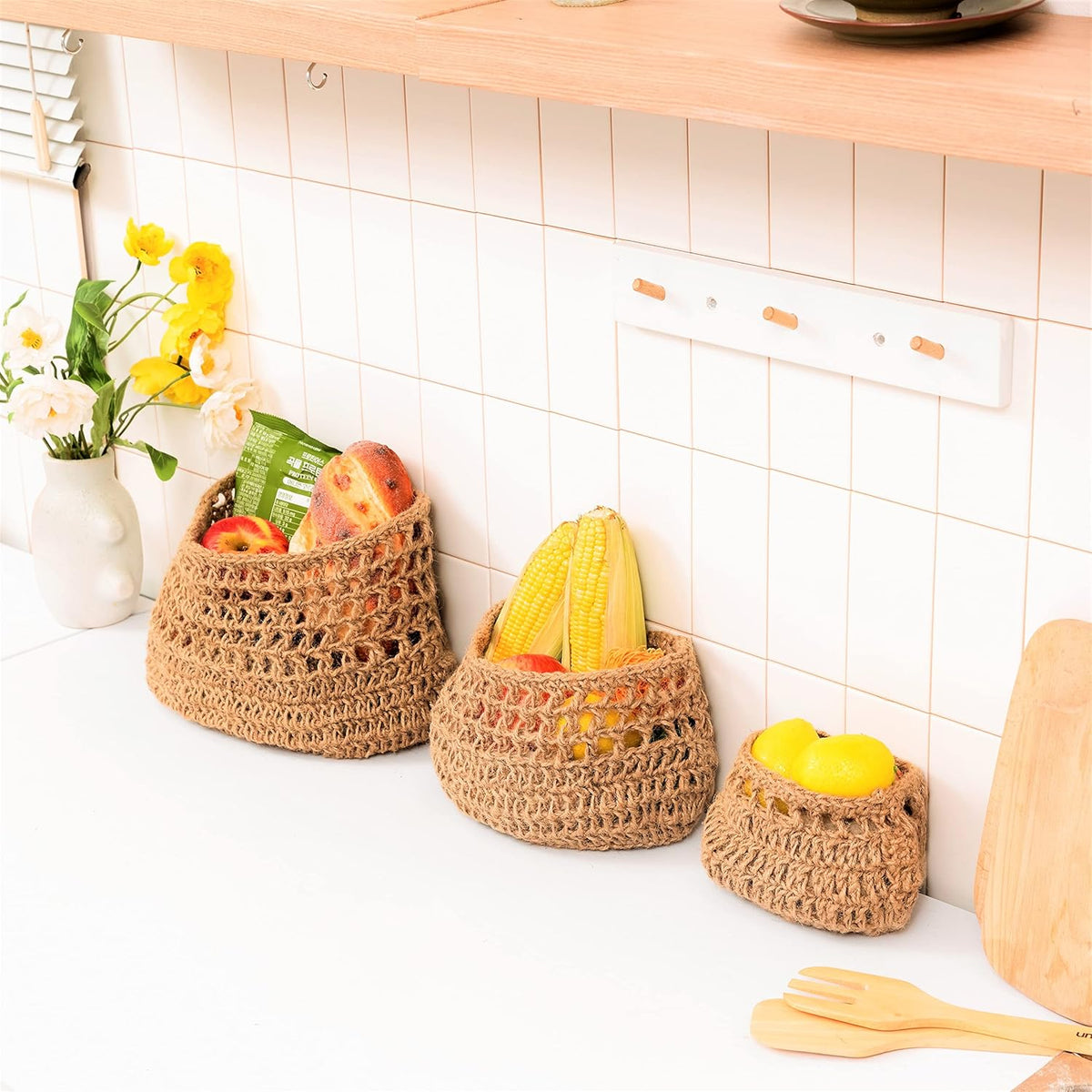 Hanging Fruit Basket, 3 Tier Woven Jute Wall Hanging Basket for Organizing, Hanging Produce Basket