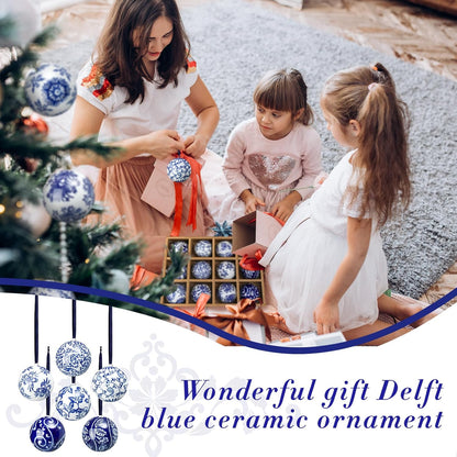 Cindeer 12 Pcs Blue and White Christmas Porcelain Balls 2.4 Inch Porcelain Chinoiserie Ornament