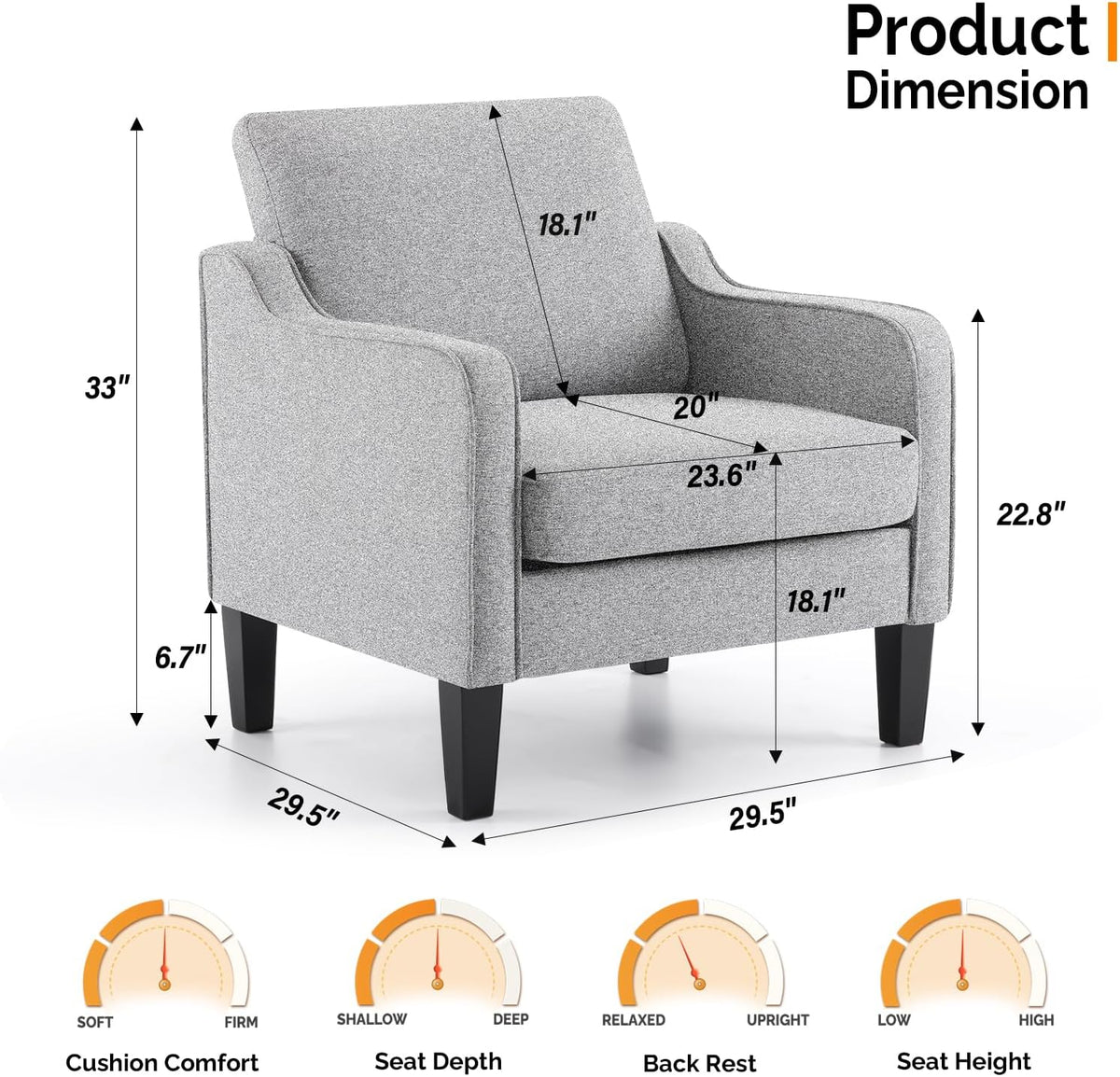 VINGLI Accent Chairs for Living Room Mid Century Modern Chair Sofa Chair Upholstered Arm Chair with