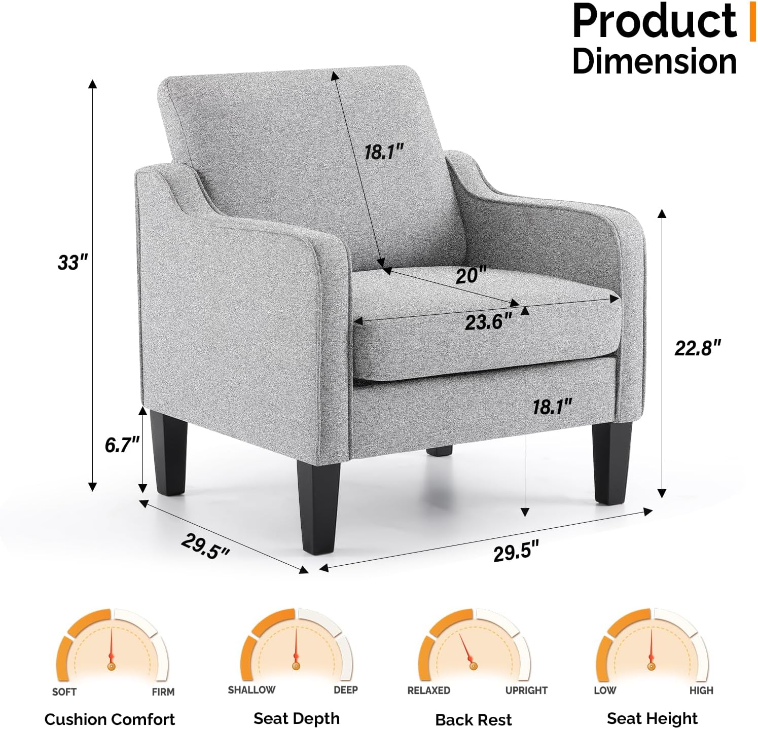 VINGLI Accent Chairs for Living Room Mid Century Modern Chair Sofa Chair Upholstered Arm Chair with