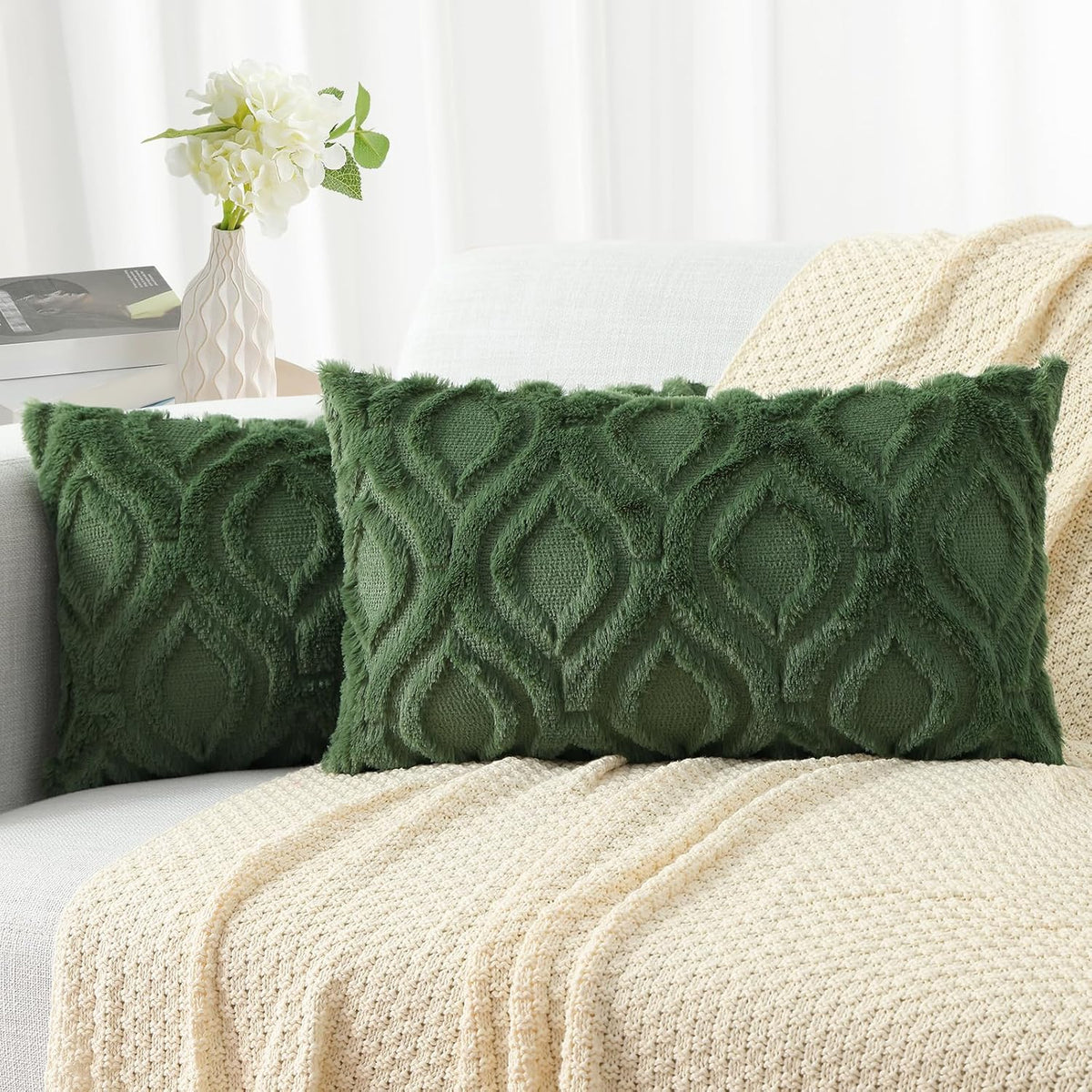 decorUhome Throw Pillow Covers 12x20 Inch Set of 2, Soft Plush Decorative Faux Fur Forest Elf Solid