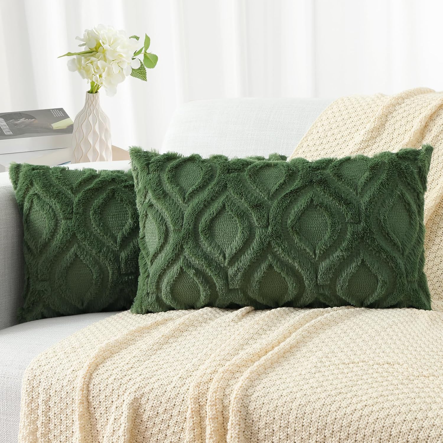 decorUhome Throw Pillow Covers 12x20 Inch Set of 2, Soft Plush Decorative Faux Fur Forest Elf Solid
