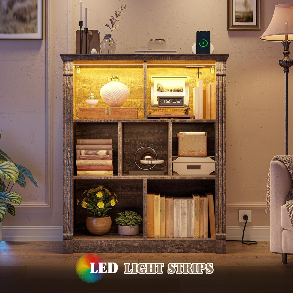 EnHomee 7 Cube Bookshelf Cubby Storage Organizer with LED Lights and Charging Station, Wood Shelf