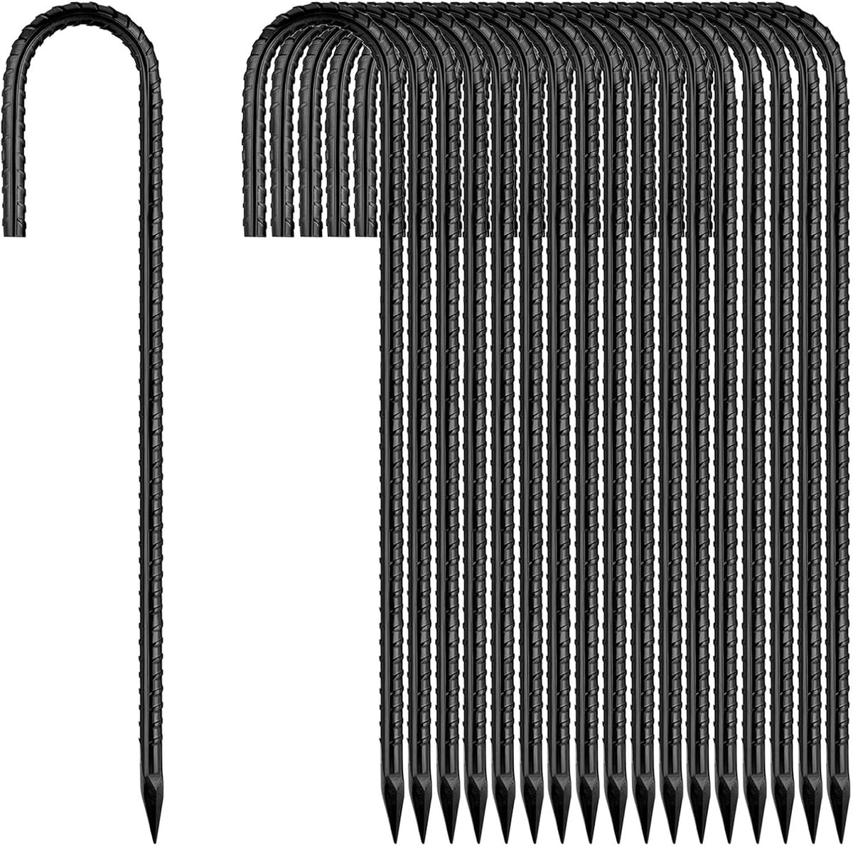 Ground-Stakes-Heavy-Duty-12 inch, J-Hook Rebar Stakes Black Coated Anti-Rust 50pcs Garden Stakes