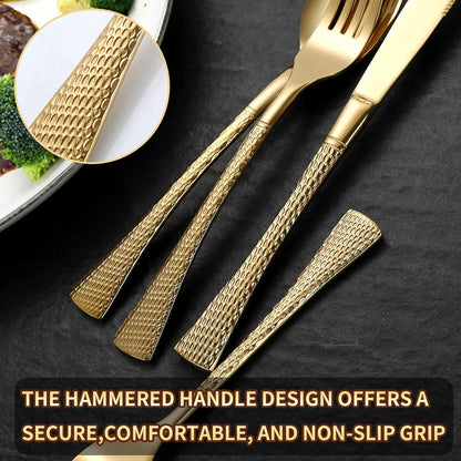 Hammered Gold Silverware Set for 8,Stainless Steel 40-Piece Modern Cutlery Set,Mirror Polished