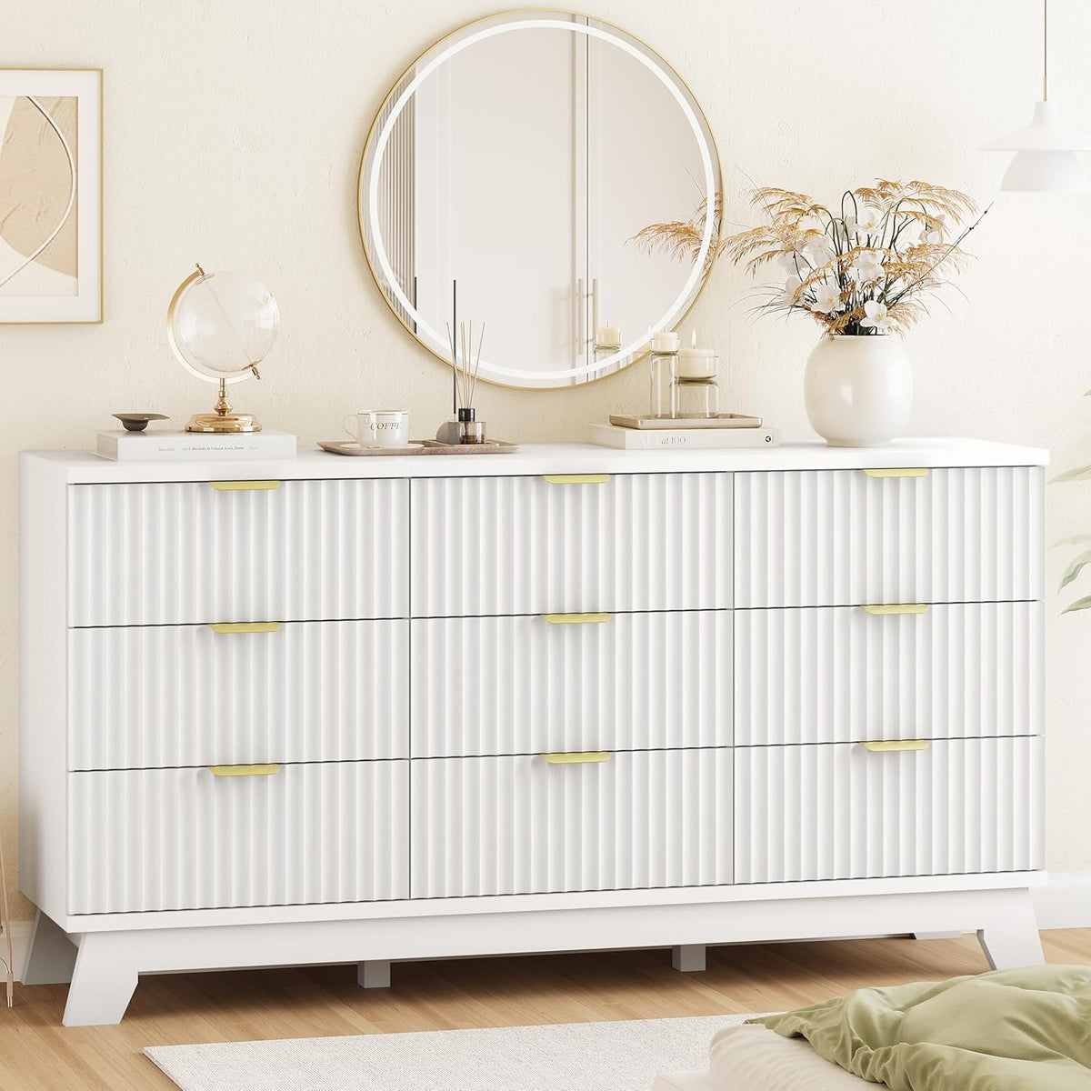 Fluted Dresser for Bedroom with 9 Drawers, 57" Wide Modern Chest of Drawers with Metal Handle
