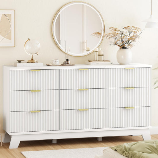 Fluted Dresser for Bedroom with 9 Drawers, 57" Wide Modern Chest of Drawers with Metal Handle
