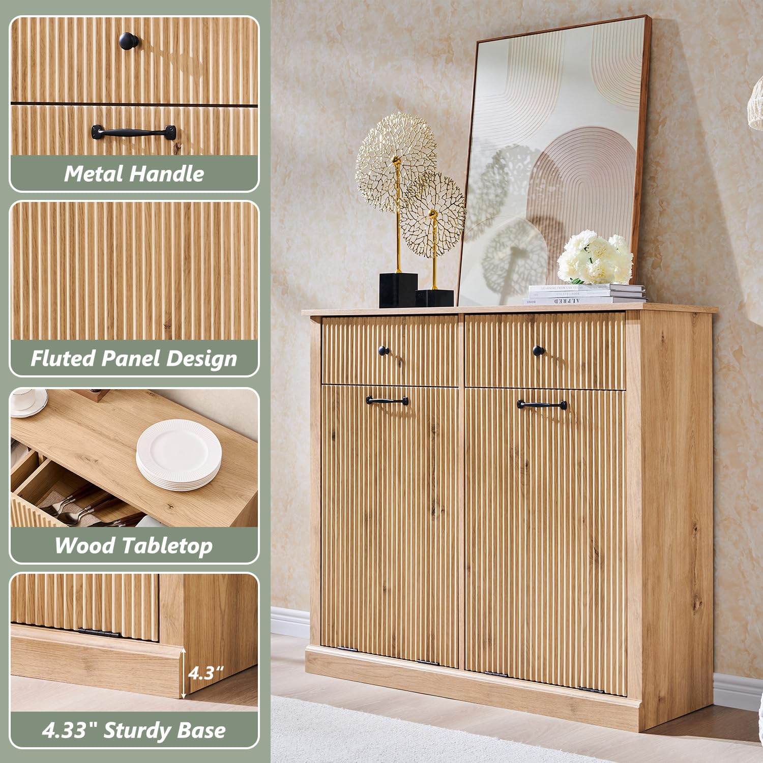 Modern Double Tilt-Out Trash Cabinet, 20 Gallon Fluted Laundry Hamper Cabinet with 2 Drawers