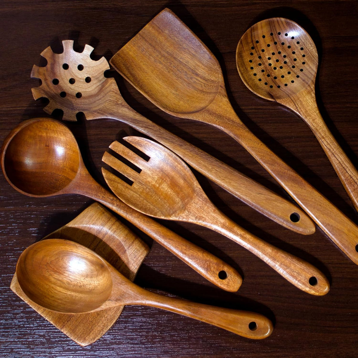 Wooden Spoons for Cooking - 8 Piece Natural Teak Kitchen Utensil Set Non Toxic - Teak Wooden