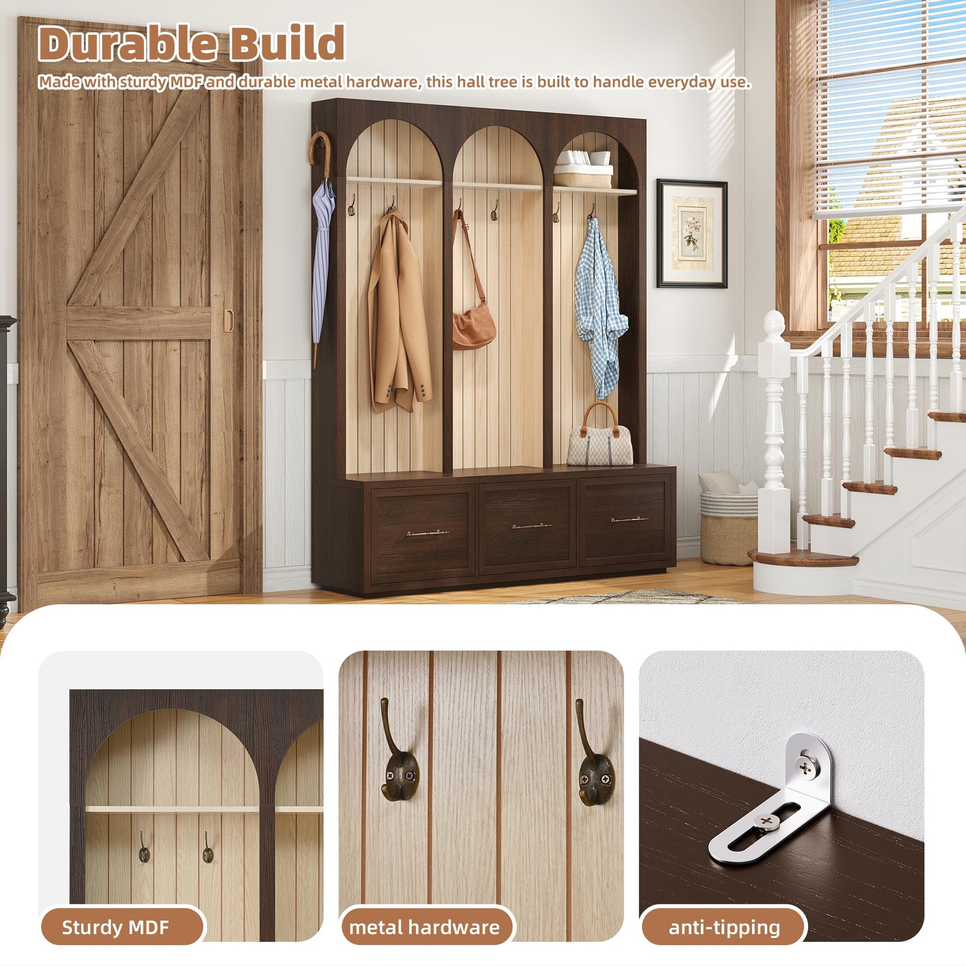 Merax Farmhouse Wood Hall Tree with Shoe Bench and 3 Drawers, 4-in-1 Coat Rack with 8 Hooks for