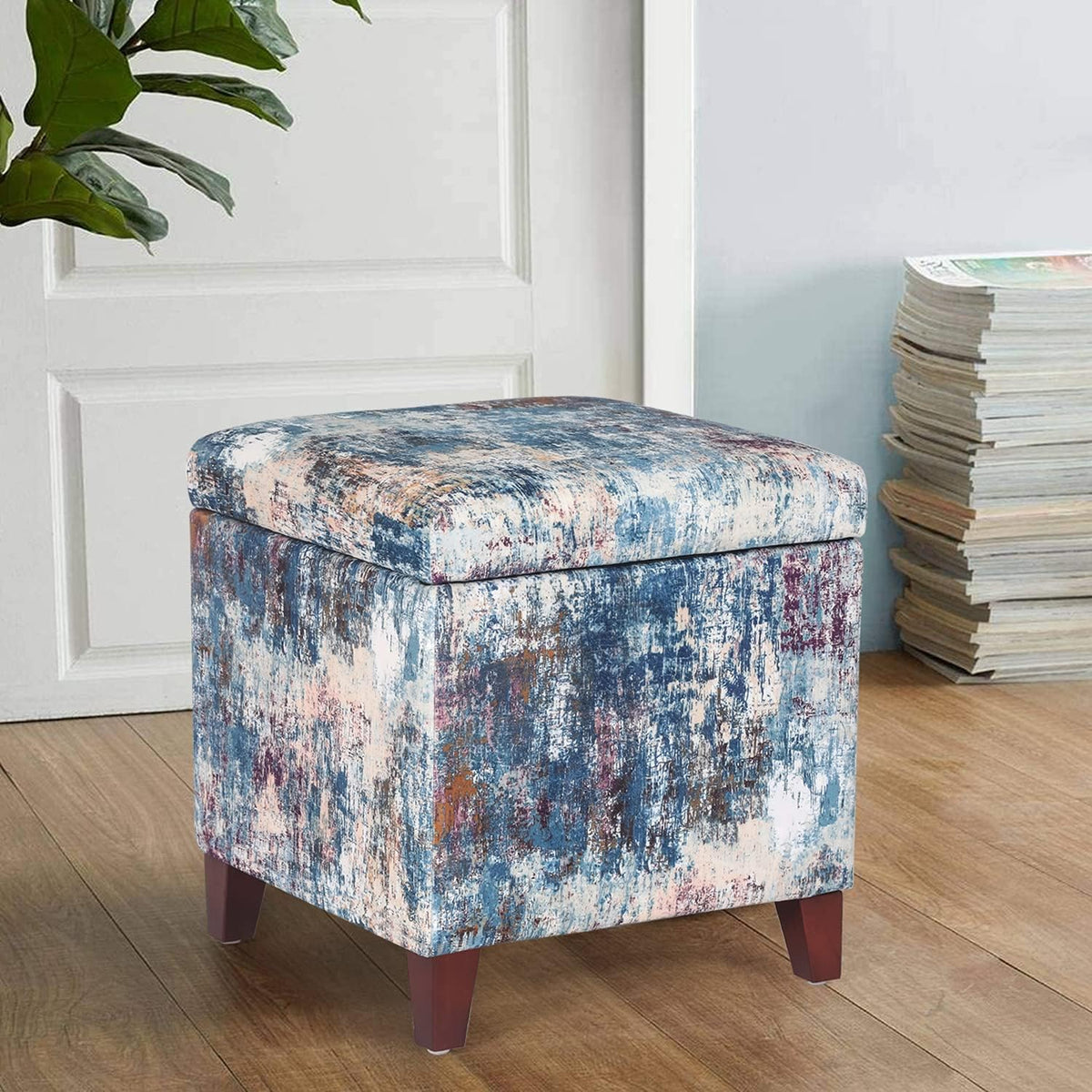 Adeco 18 Inch High Cube Ottoman Storage, Linen Chair Foot Stools, Upholstered Vanity Stool with