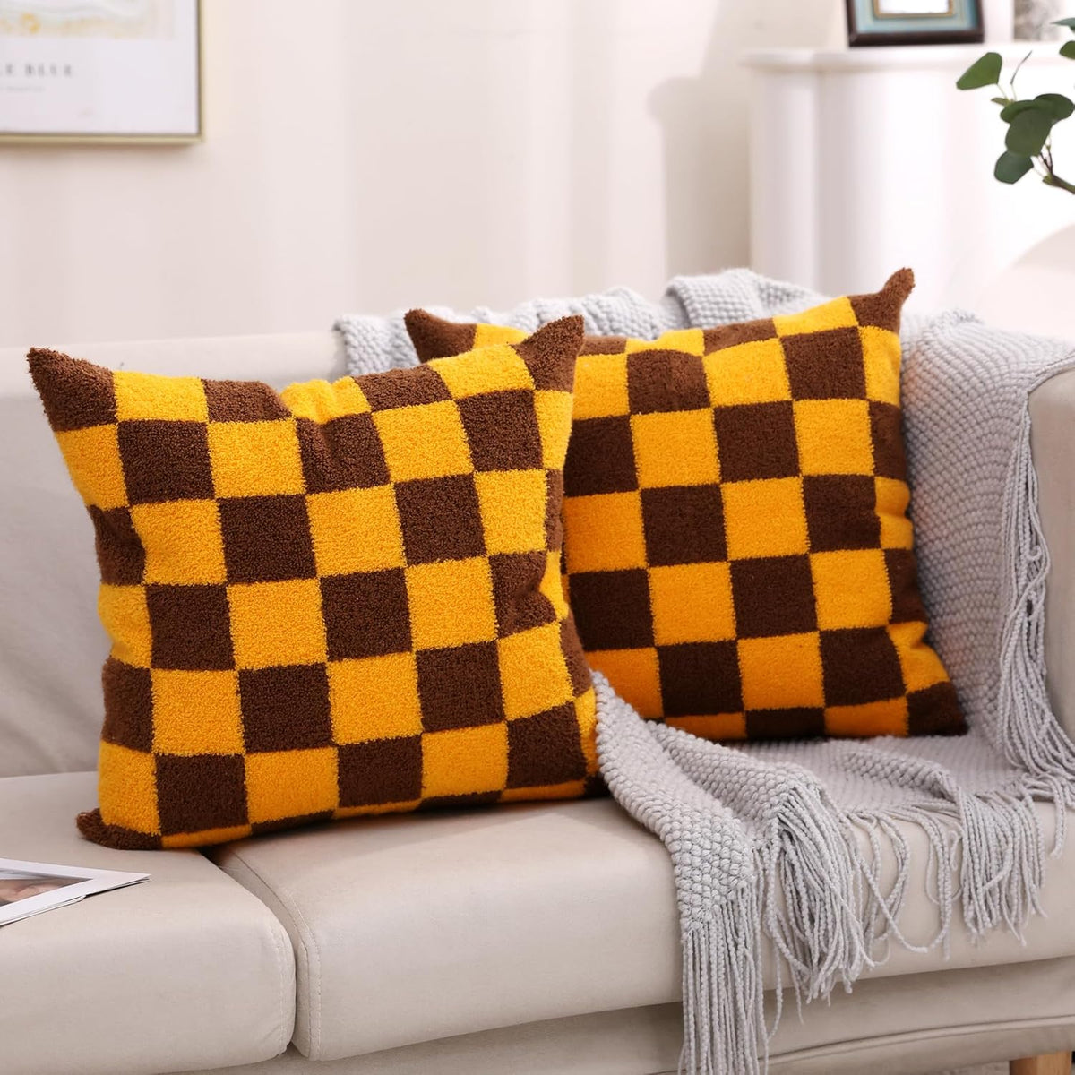 Alysheer Checkered Embroidered Decorative Throw Pillow Covers 18"x 18" Set of 2, Farmhouse Maillard