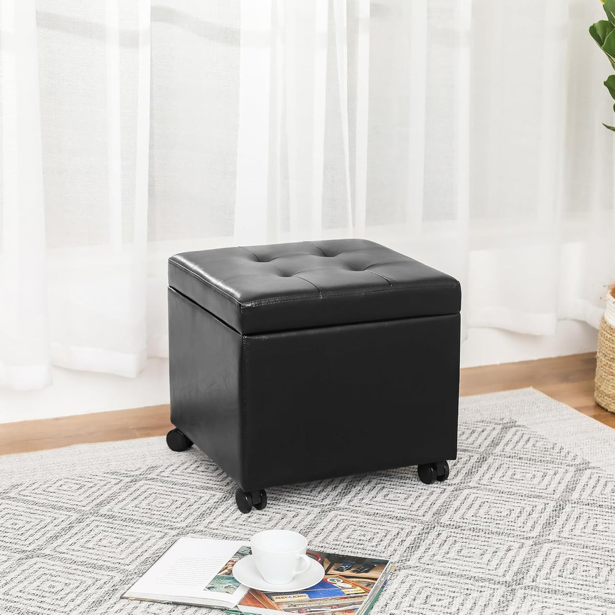 Adeco 17.7" Leather Ottoman with Wheels, Black Square Rolling Ottoman with Storage, Upholstered
