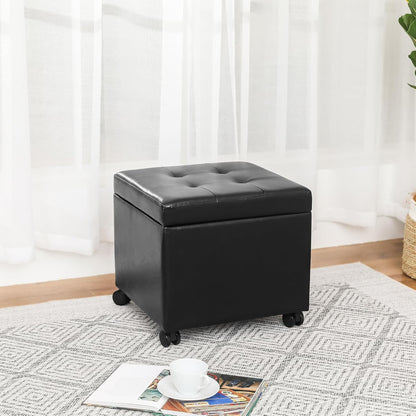 Adeco 17.7" Leather Ottoman with Wheels, Black Square Rolling Ottoman with Storage, Upholstered