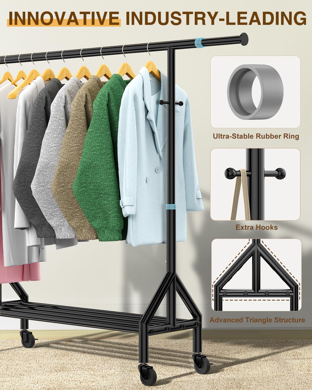 Fybee Heavy Duty Clothes Rack Load 520LBS, Adjustable Rolling Clothing Rack with Sturdy Wheel