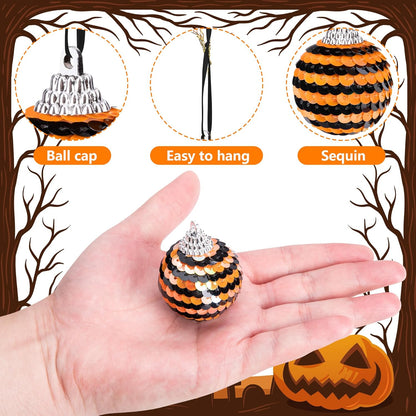 24 PCS Halloween Sequin Hanging Ball Ornaments-1.6 Inch Halloweens Black Orange Sequin