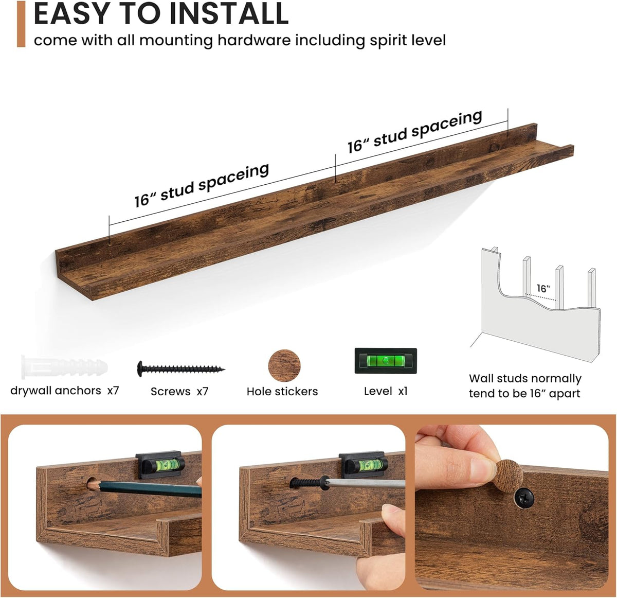 Fun Memories Picture Ledge Shelves Set of 2, 48 Inch Rustic Wall Mounted Floating Shelves with Lip