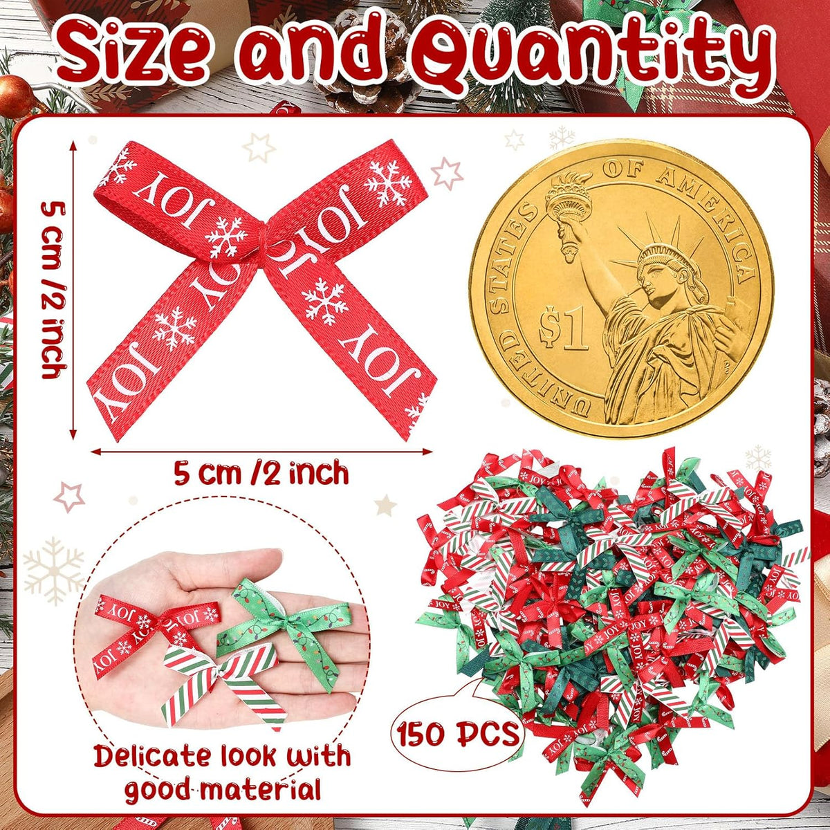 Syhood 150 Pcs Christmas Mini Bow Tiny Twist Tie Bow Handmade Craft Ribbon for DIY Sewing Party