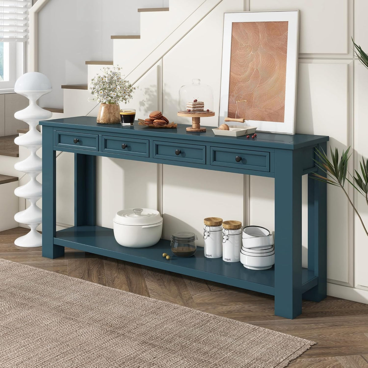 Solid Wood Console Table,63 in Long Sofa Table Entryway Table with 4 Drawers and Bottom Shelf for