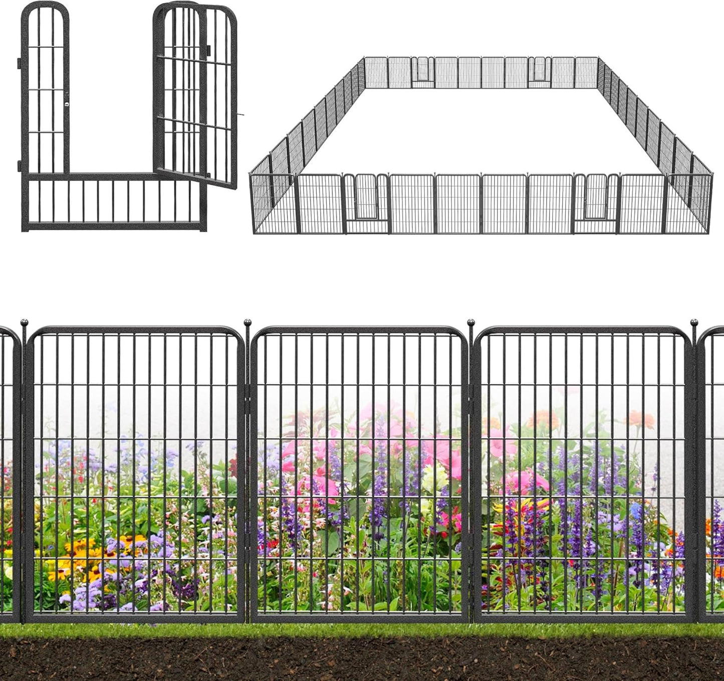 Decorative Black Metal Fencing Garden Fence with Gate, 91ft(L) 32in(H) 40 Fence Panels No Dig Fence