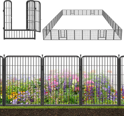 Decorative Black Metal Fencing Garden Fence with Gate, 91ft(L) 32in(H) 40 Fence Panels No Dig Fence