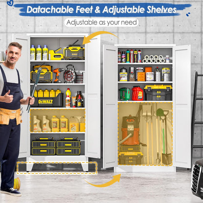 71" Tall Metal Storage Cabinet with 2 Doors and 4 Adjustable Shelves, Kitchen Pantry Cabinet White