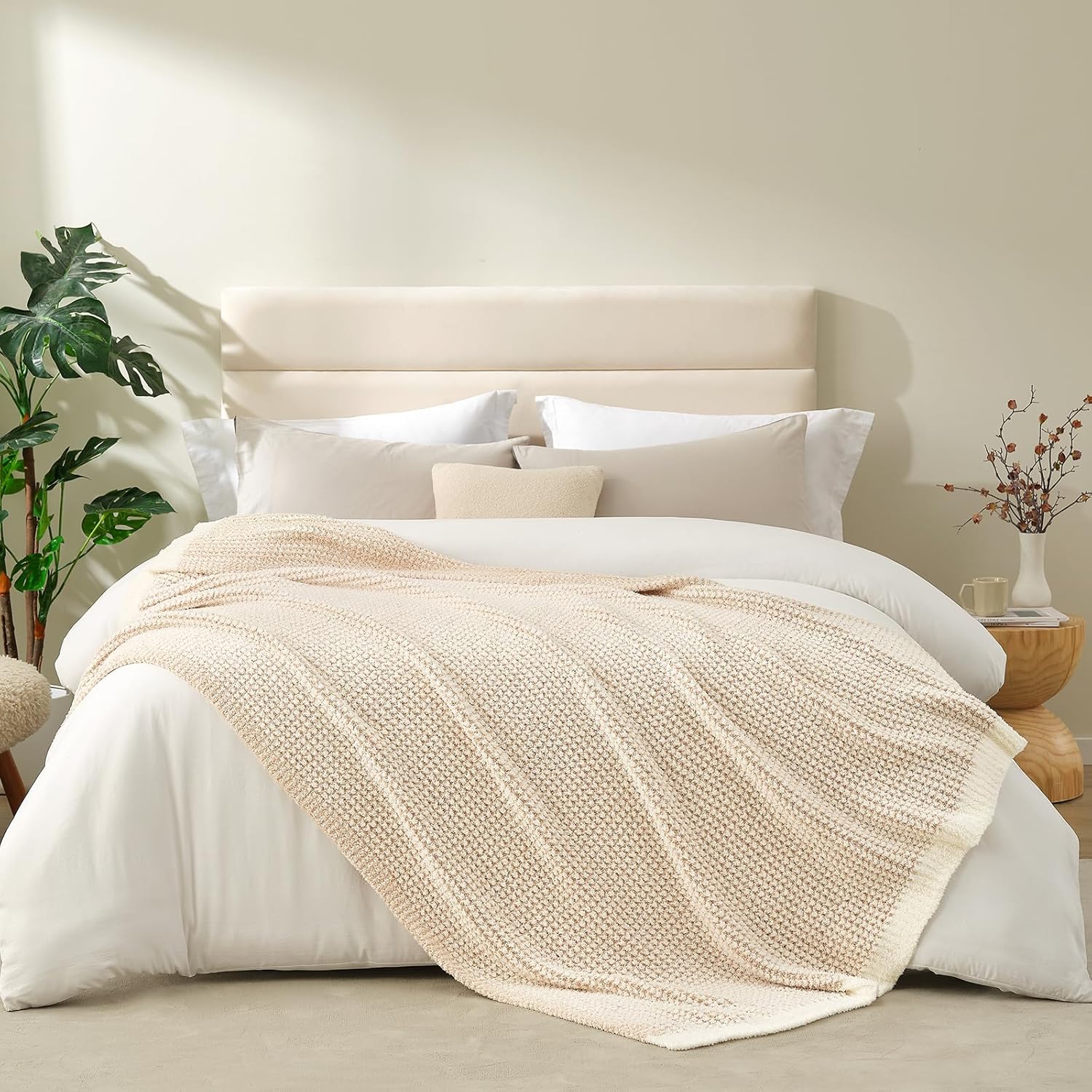 Snuggle Sac Cream Waffle Blanket for Couch Bed Sofa 60x80 inches, Reversible Beige Soft Throw