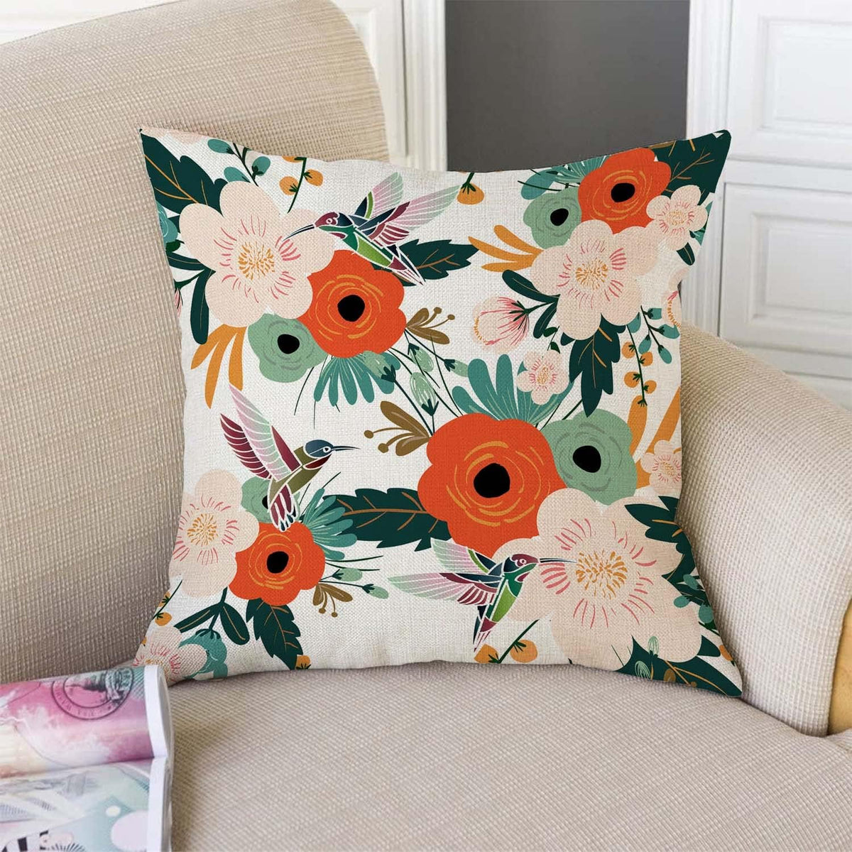 TSSOHU Flower and Hummingbird Pillow Cover Cotton Linen Spring Red Flower Green Leaves Boho