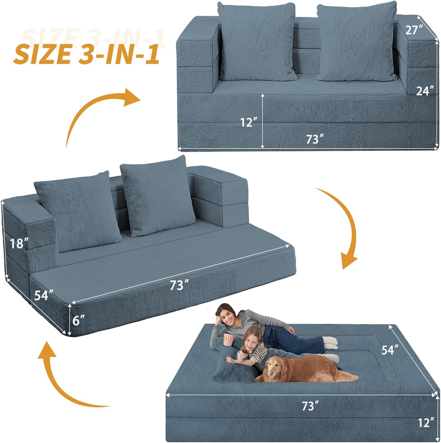 Folding Bean Bag Chair for Adults,3-in-1 Bean Bag Couch Faux Fur Floor Sofa Large Beanbag
