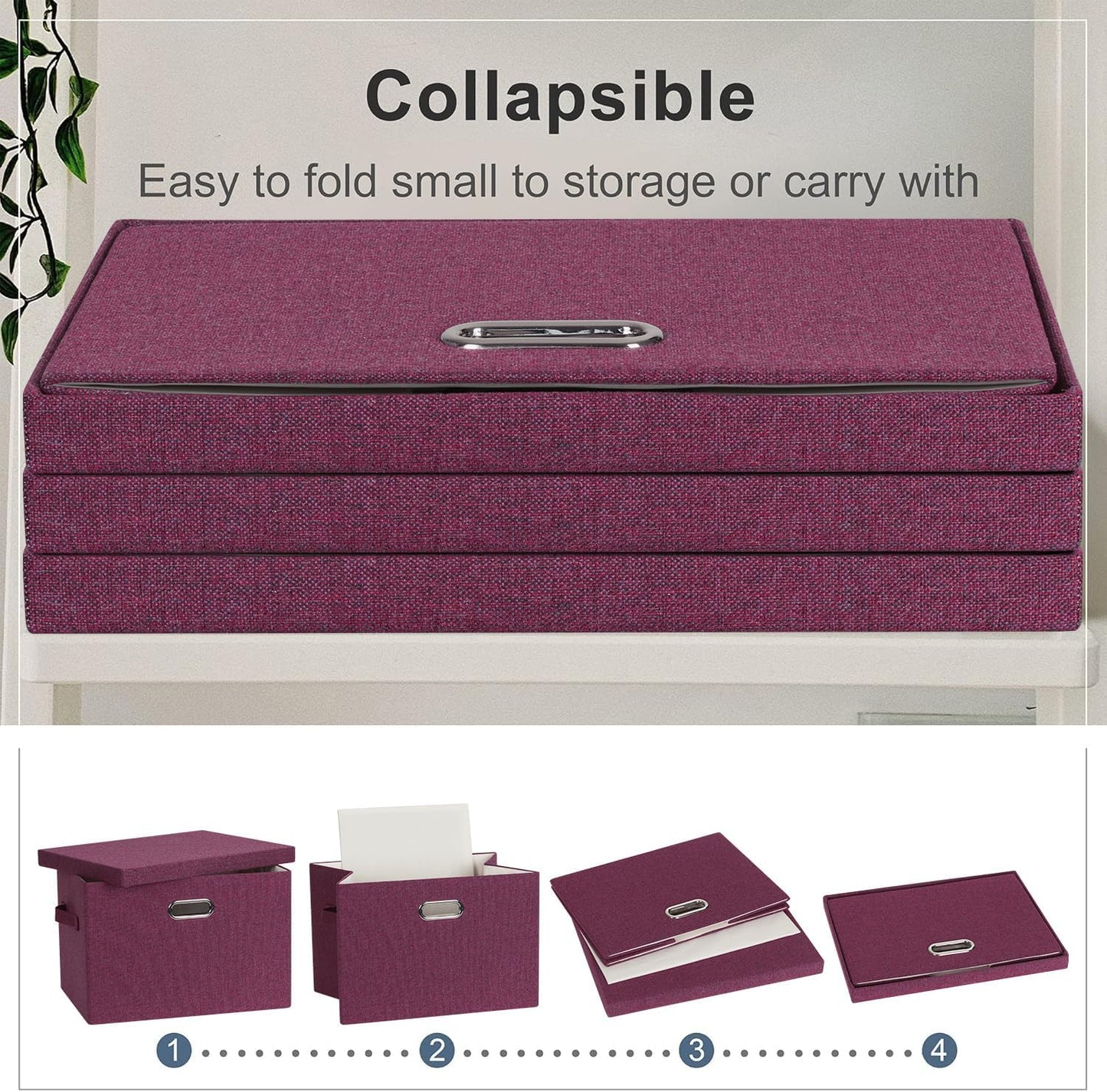Large 17" 36 Quart Collapsible Stackable Storage Bins with Lids, 3 Packs Purple Linen Fabric Closet