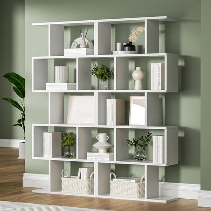 White 5-Tier Geometric Bookcase, S-Shaped Modern Bookshelf Set of 2, 62.6" Tall Room Divider Book
